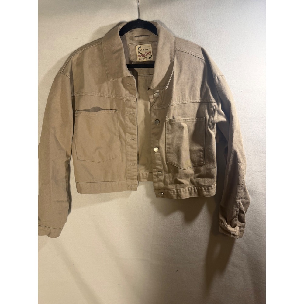 Stoosh Vintage Denim Tan Khaki Cropped Trucker Jacket Utility Pockets Womens M